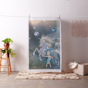 Tissu Merveilleuse licorne blanche avec peu de fée