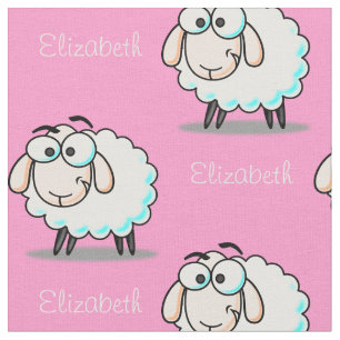 Tissu Mignonne Motif de mouton avec un nom en rose
