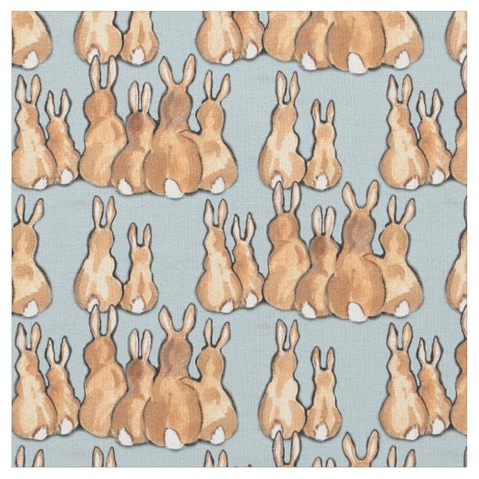 Tissu Mignons lapins de lapin Tan sur Arrière - plan ble (Fermer)