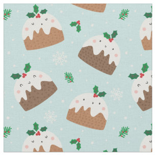 Tissu Mignons pouding de Noël sur bleu clair