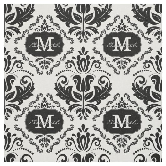 Tissu Monogramme noir classique et chic noir blanc Damas (Échantillon)