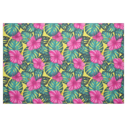 Tissu Monstera Feuilles et Hibiscus, rose Turquoise sur  (Fat Quarter)