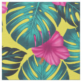 Tissu Monstera Feuilles et Hibiscus, rose Turquoise sur  (Détail)