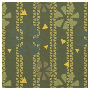 Tissu Motif Abstrait ethnique vert, moutarde, olive fonc