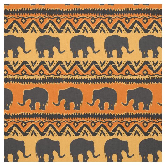 Tissu Motif africain des éléphants noirs oranges (Échantillon)