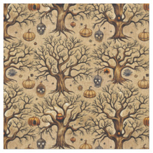 Tissu Motif Arbres Hantés Vintage & Lanternes de Citroui
