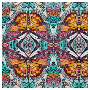 Tissu Motif Batik des papillons et Médaillons à Orange