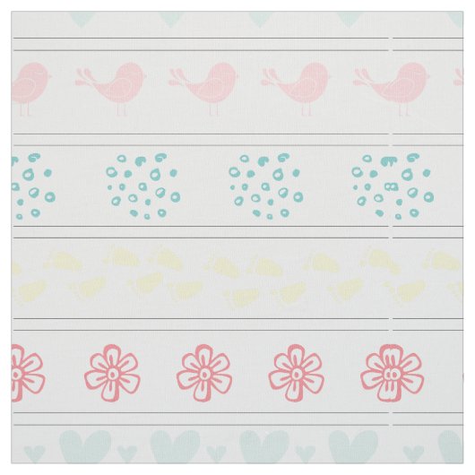 Tissu motif blanc d'oiseaux, points, pas, fleurs, (Échantillon)