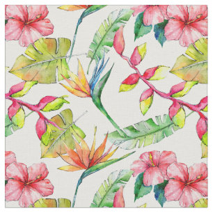 Tissu Motif blanc Feuille de palmier rose tropical