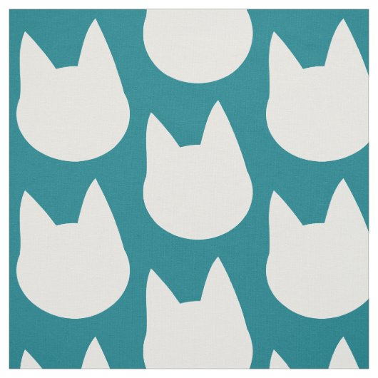 Tissu Motif blanc visage chat Turquoise (Échantillon)