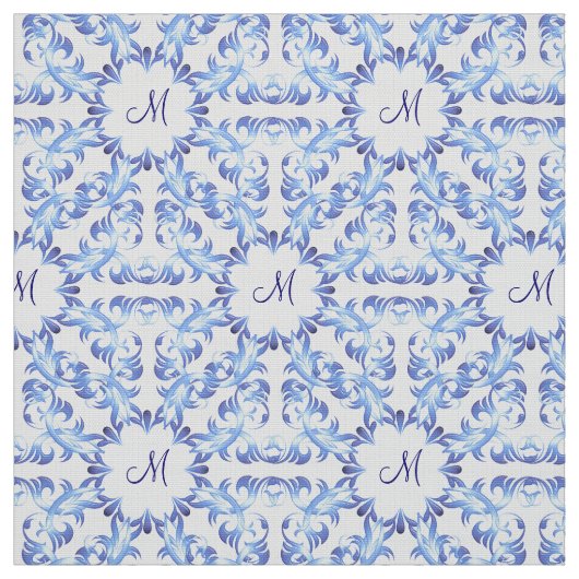 Tissu motif bleu de damassé. monogramme (Échantillon)