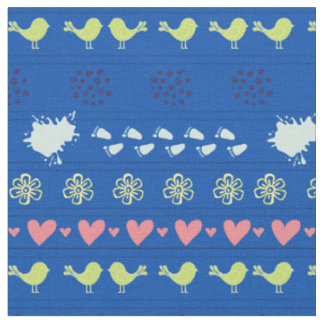 Tissu Motif bleu rétro d'oiseaux, de points, de pas,
