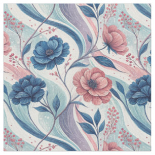 Tissu Motif botanique floral bleu et rose avec tourbillo