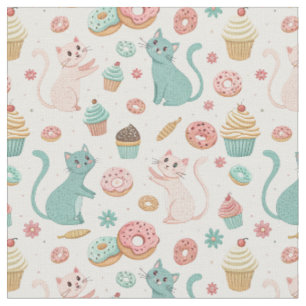 Tissu Motif Chats Mignons & Cupcakes - Art Kawaii de Cha