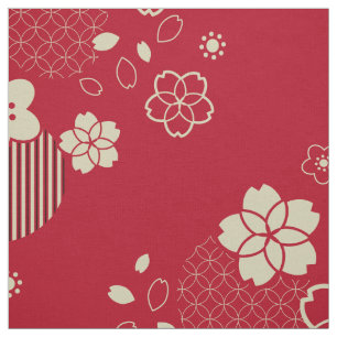 Tissu motif d'Asie rouge aux fleurs de printemps