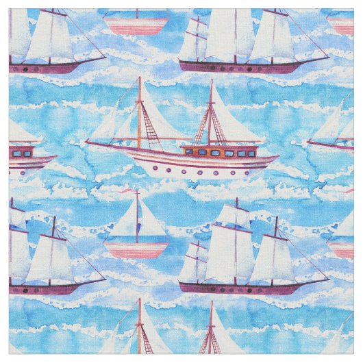 Tissu Motif de bateaux de navigation d'aquarelle (Fermer)