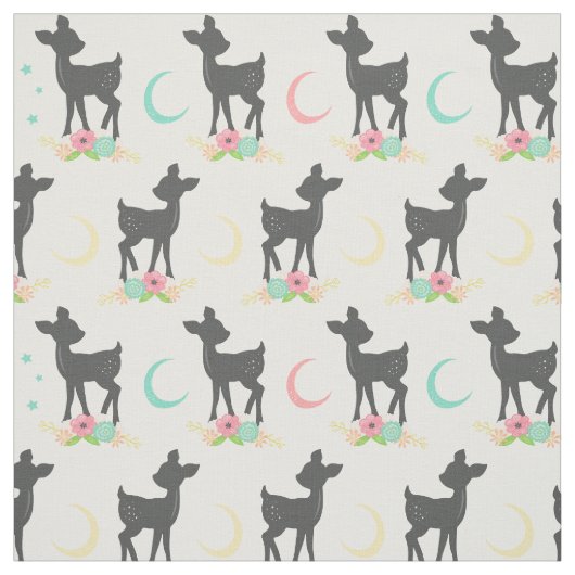 Tissu Motif de cerfs, Cerf de bébé, Boho, Fleurs, Lune (Échantillon)