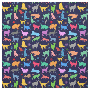Tissu Motif De Chats Colorés. Arrière - plan bleu marine