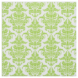 Tissu Motif de Damas - Vert Martien sur Blanc