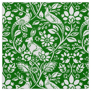 Tissu Motif de faisan et lièvre, vert émeraude et blanc
