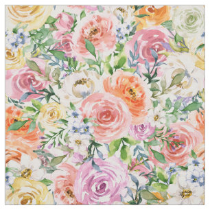 Tissu Motif de fleurs Roses rose jaune blanc orange