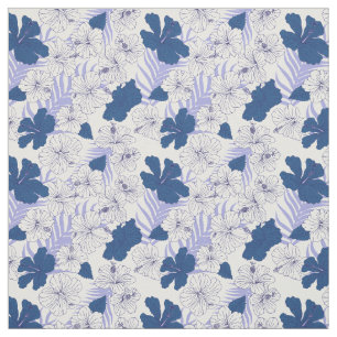 Tissu Motif de fleurs tropicales en bleu et blanc