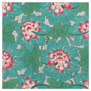 Tissu Motif de lotus chinois rouge rose vert sarcelle