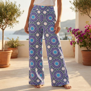 Tissu Motif de mosaïque ethnique de Bohême bleu et blanc