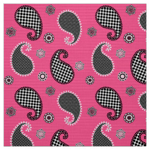Tissu Motif de Paisley, rose fuchsia, noir et blanc