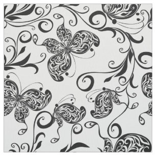 Tissu Motif de papillons et fleurs noirs et blancs