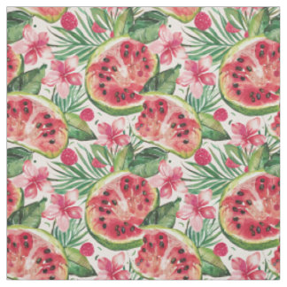 Tissu Motif de pastèque et de fleurs tropicales à l'aqua