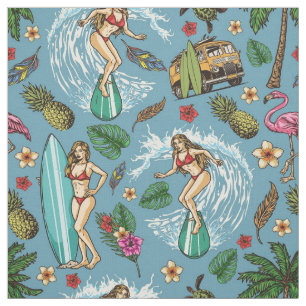 Tissu Motif de surfer de la femme rétro