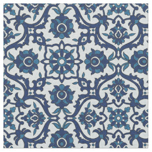 Tissu Motif de tuiles florales Azulejos bleu-portugais