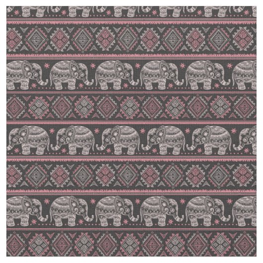 Tissu Motif d'éléphant ethnique noir (Fermer)