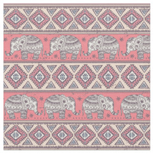 Tissu Motif d'éléphant ethnique rose