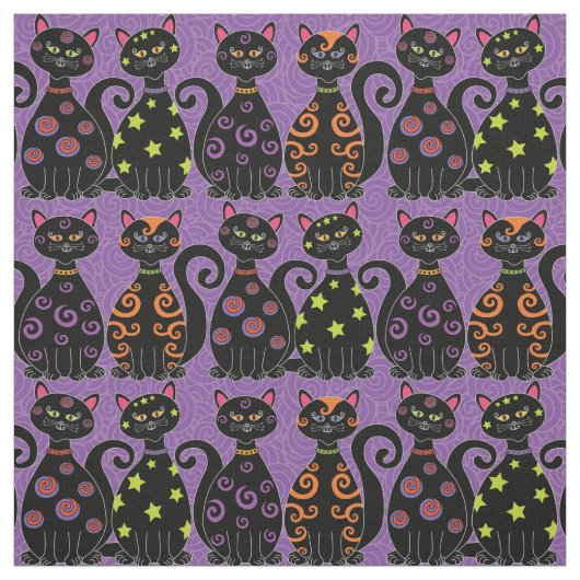 Tissu Motif d'Halloween violet aux chats noirs mignons (Échantillon)