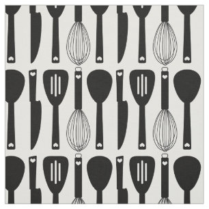 Tissu Motif d'ustensiles de cuisine noir blanc