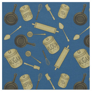 Tissu Motif d'ustensiles de cuisine - Sepia on Dark Blue