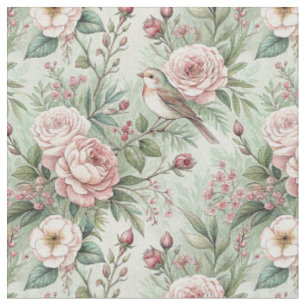 Tissu Motif floral anglais vintage de jardin avec oiseau