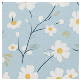 Tissu Motif floral Cottagecore bleu blanc à marguerite