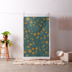 Tissu Motif floral rétro orange sur fond sarcelle foncé