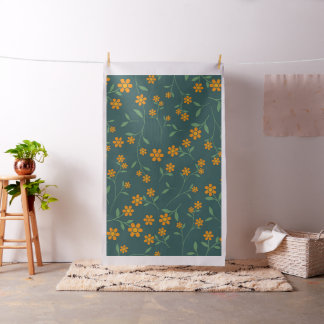 Tissu Motif floral rétro orange sur fond sarcelle foncé