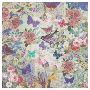 Tissu Motif floral vintage de papillons colorés d'oisea