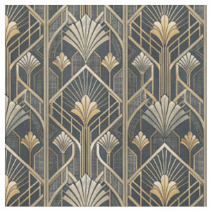 Tissu Motif géométrique Art Déco or et charbon noir