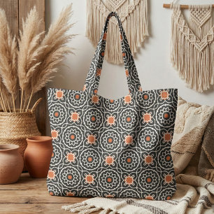 Tissu Motif géométrique marocain noir blanc orange