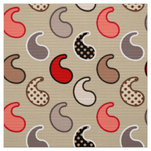 Tissu Motif moderne Paisley, beige, rouge, gris et corai