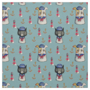 Tissu Motif nautique d'aquarelle de marins de chat et de