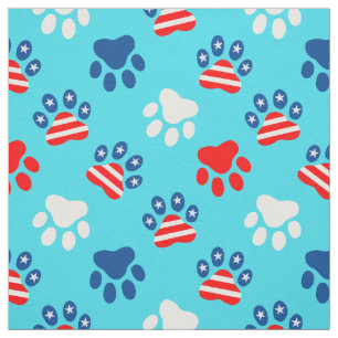 Tissu Motif Patriotique Rouge Blanc et Bleu Chien Paws