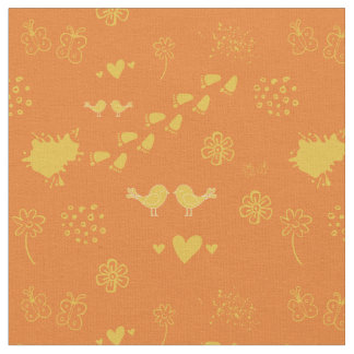 Tissu Motif rétro orange et jaune d'oiseaux, points,