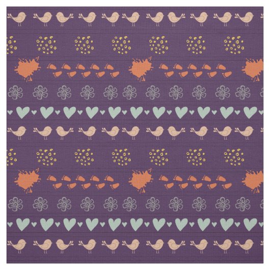 Tissu Motif rétro violet et gris des oiseaux, des points (Échantillon)